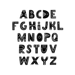 Vector Alphabet, Scandinavian tribal style. Black and white nursery poster with hand drawn letters. Abc Design element for poster, card, banner, flyer. 