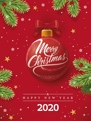 christmas greeting card with red ball, snowflakes on red background