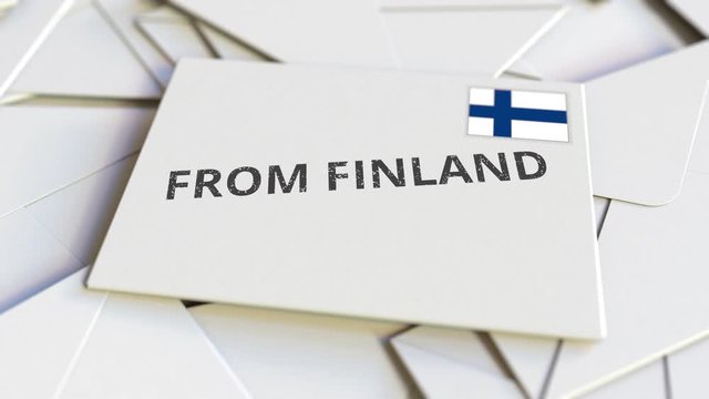 Letter with From Finland text on pile of other Letters. International mail related conceptual 3D animation