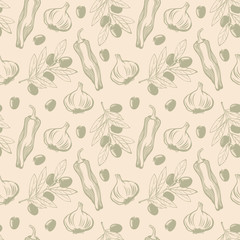 Vegetable vector seamless pattern with pepper, garlic and olive.