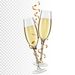 Two glasses of champagne with ribbon, isolated on transparent background. - obrazy, fototapety, plakaty