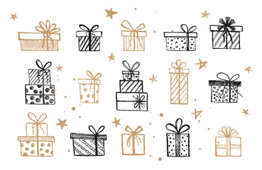 Naklejka premium Doodle icons of gift box set. Hand drawn elements.