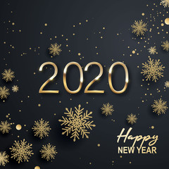 Fototapeta na wymiar Happy new year 2020 text design. Conceptual design. Vector modern illustration. Golden luxury inscription. Christmas background with lens flare, stars, serpentine,.