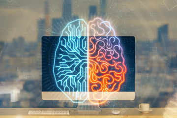 Double exposure of table with computer and brain hologram. Data innovation concept.