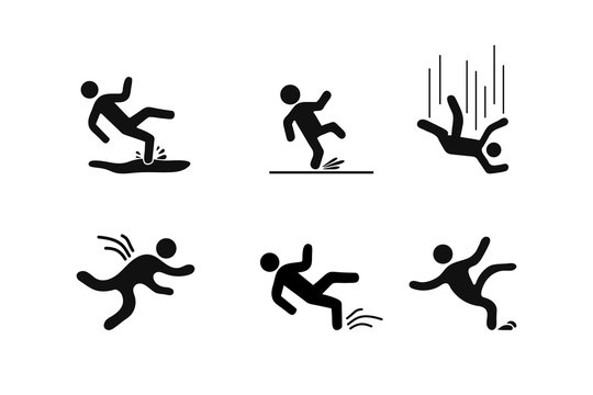 Set of Caution symbols with figure man falling. Wet floor, tripping on stairs, fall down from ladder. Workplace safety