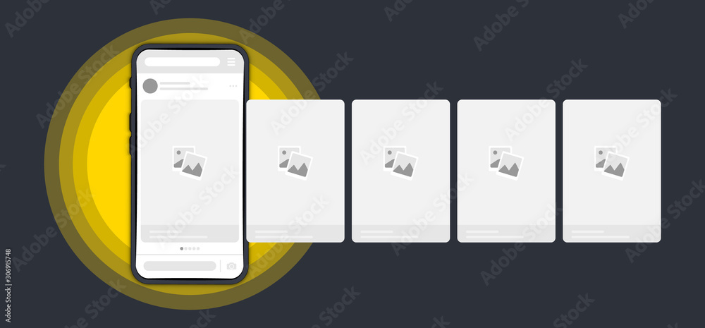 Poster smartphone with interface carousel post on social network. phone mockup template. social media story