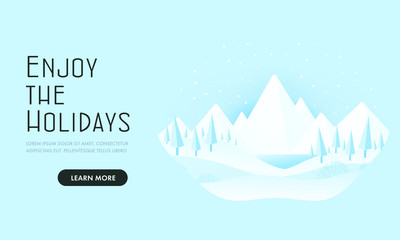 Christmas winter holiday travel vector illustration in flat style. Snowy nature landscape with christmas pines and mountains hills on the background. The winter vacation. For website template, landing