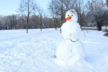 big snowman in the foreground of a beautiful winter landscape wi