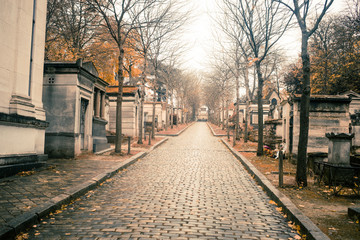 Fototapeta na wymiar Paris, France - November 18, 2019: Graves and crypts in Pere Lachaise Cemetery, This cemetery is the final resting place for many famous people