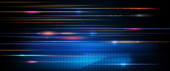 Vector Abstract futuristic, energy technology concept. Digital image of arrow sign, light rays, stripes lines with blue light, speed movement pattern and motion blur over dark blue background