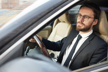 Serious young bearded businessman in eyeglasses sitting behind the wheel and driving the car he concentrating on the road