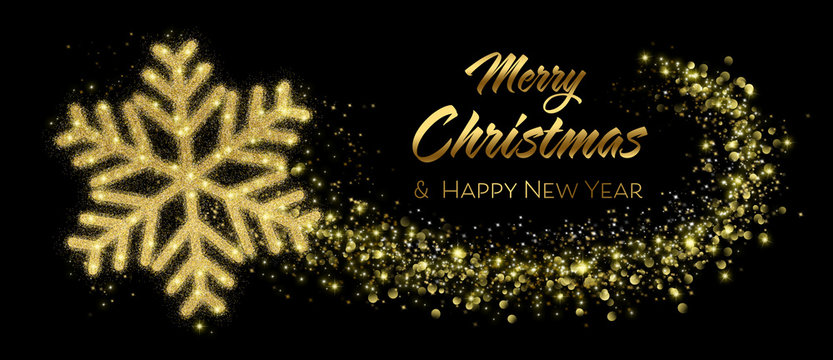 Merry Christmas And Happy New Year Card With Golden Snowflake In Abstract Black Night - Powered by Adobe