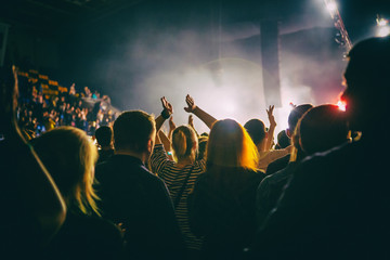 Silhouette of a crowd of fans at a concert.