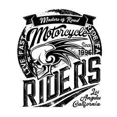 Biker club emblem, skull and wings icons, motorcycle racers and motorbike racing. Vector gunge T-shirt print of Los Angeles and California motorbike road masters gang with ribbon - obrazy, fototapety, plakaty