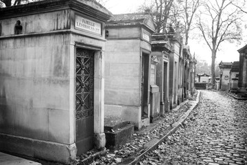 Paris, France - November 18, 2019: Graves and crypts in Pere Lachaise Cemetery, This cemetery is the final resting place for many famous people