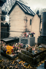 Paris, France - November 18, 2019: Graves and crypts in Pere Lachaise Cemetery, Grave of Jim...