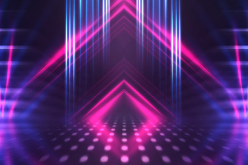 Empty background scene. Dark street reflection on wet asphalt. Rays of neon light in the dark, neon shapes, smoke. Background of an empty stage show. Abstract dark background.