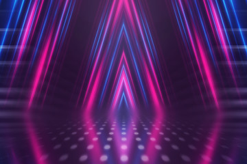 Empty background scene. Dark street reflection on wet asphalt. Rays of neon light in the dark, neon shapes, smoke. Background of an empty stage show. Abstract dark background.