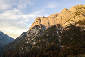 Fototapeta na wymiar Aerial view of majestic european Alps mountains covered in evergreen pine forest in autumn.