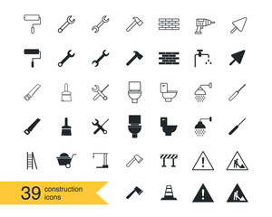 39 construction tools icons set for web site. Construction equipments flat vector icons set isolated on white background