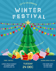 Poster for winter festival with invitational text and abstract celebration attributes.