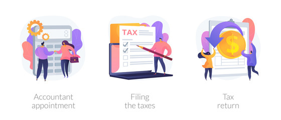 Financial documents and forms, paperwork. Accountant appointment, filing the taxes, tax return metaphors. Calculating obligatory payments. Vector isolated concept metaphor illustrations