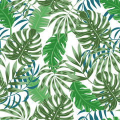 Obraz na płótnie Canvas Tropical seamless pattern with leaves and plants. Vector background for various surface. Exotic wallpaper, Hawaiian style. Floral pattern. Jungle leaves. Trend vector design, beautiful print.