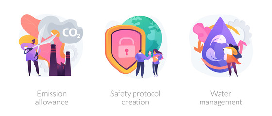 Controlling pollution icons set. Limiting pollutants into air, water and land. Emission allowance, safety protocol creation, water management metaphors. Vector isolated concept metaphor illustrations.