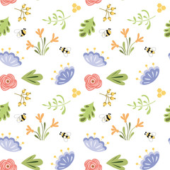 Cute floral summer seamless pattern Insects Bee blooming flowers Bright wildlife colors Summer background Vector