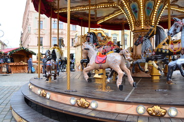Christmas carousel on the square in Pilsen