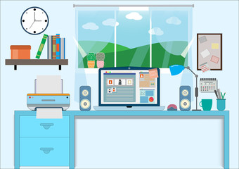 Flat design vector of workplace modern desk with computer and laptop.Office work space with table,desktop computer use for web,picture,clock,Vector interior and workplace concept.