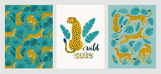 Vector poster set of leopards and tropical leaves. Trendy illustration. - obrazy, fototapety, plakaty