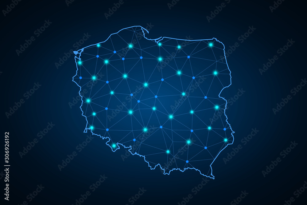 Wall mural map of poland. wire frame 3d mesh polygonal network line, design sphere, dot and structure. communic