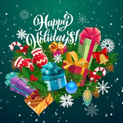 Christmas and New Year gifts vector greeting card. Xmas tree and holly berry branches with snow, present boxes and bell, snowflakes, candy canes and balls, gloves and wishes of Merry Winter Holidays