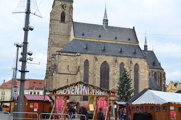 Christmas fair in front of St. Bartholomew's Cathedral in Pilsen