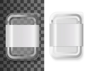 Transparent plastic food container, product tray box pack with label. Vector isolated 3d realistic mockup template foot tray box container, grocery store or shop and fast food package