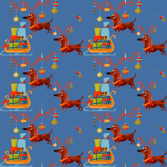 Dachshund dressed as a deer carries a sleigh with Christmas gifts. Seamless background pattern.