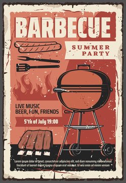 Barbecue Summer Party Vintage Retro Poster, BBQ Grill Meat Steaks And Hot Dog Sausages. Vector Outdoor Barbecue Picnic Party, Ribs And Hamburgers Cooking On Charcoal Fire