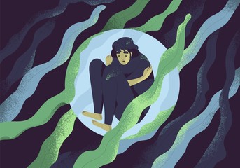 Depressed girl in bubble flat vector illustration. Lonely person in vacuum. Diffident woman in solitude. Isolation, loneliness concept. Lack of confidence, psychological problem, lostness. - obrazy, fototapety, plakaty