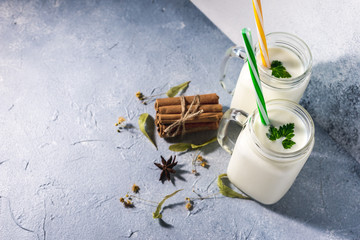 simple homemade kefir in a glass with spices and herbs on a gray background, copy space. Probiotic Ayran