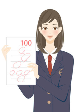 100点満点を取る学生　テストの結果　笑顔の女子高生　イラスト