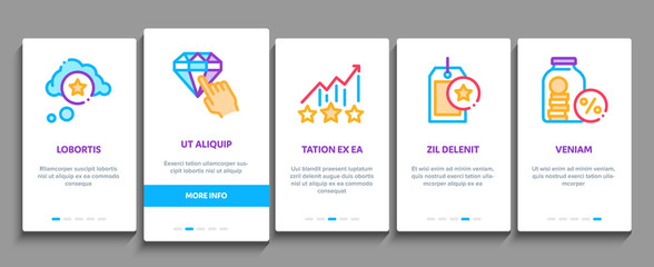 Bonus Hunting Onboarding Mobile App Page Screen. Magnifier And Bag With Percent Mark, Star, Diamond And Bonus Coins In Bottle Concept Illustrations