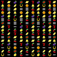 Vector slot machine symbols set background. Lucky number seven, Golden bell, orange, plum, one two and three cherries. Watermelon. The inscription BAR. Lemon, horseshoe. One two and three bars of gold
