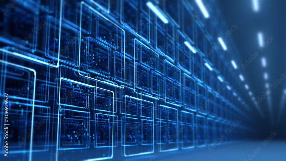 Poster 3D Rendering of binary data on monitor screen panels in sci fi theme data center. Concept for big data, artificial intelligence, business technology, machine learning