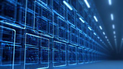 Fototapeta na wymiar 3D Rendering of binary data on monitor screen panels in sci fi theme data center. Concept for big data, artificial intelligence, business technology, machine learning