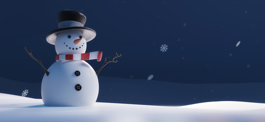 Stylized Snowman on Winter Evening, Cartoon Style, 3D Illustration