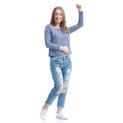 Woman in jeans and vest smile standing showing pointing on white background isolation