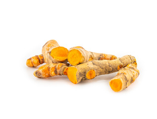 fresh turmeric root and turmeric powder in spoon on white background