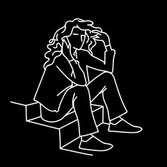A woman sitting on stairs, talking on mobile phone. Smartphone. White lines isolated on black background. Vector illustration of woman with curly hair communicating. Monochromatic hand drawn sketch.