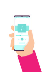 Hand holding modern phone playing audio or radio. Smartphone music player user interface concept.